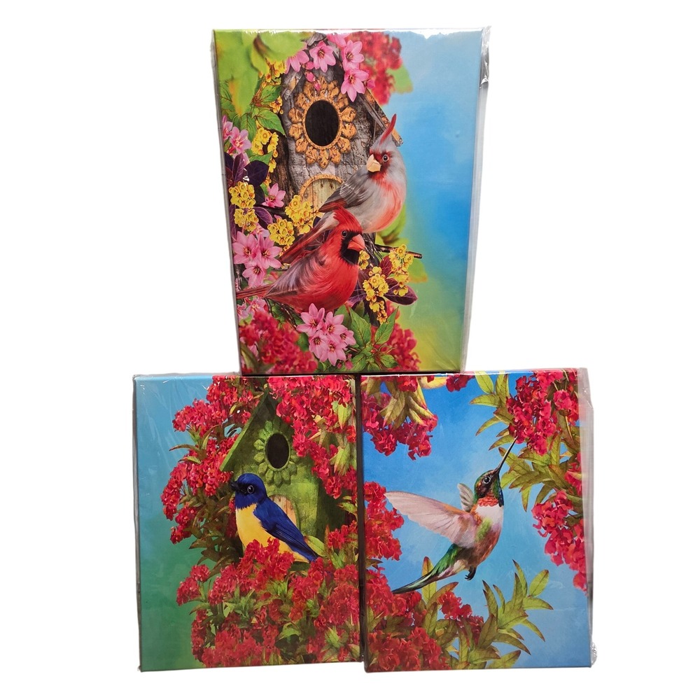 Set of 3 Bird Canvas Wall Art 16x12 Cardinal Bluebird Hummingbird Nature Decor